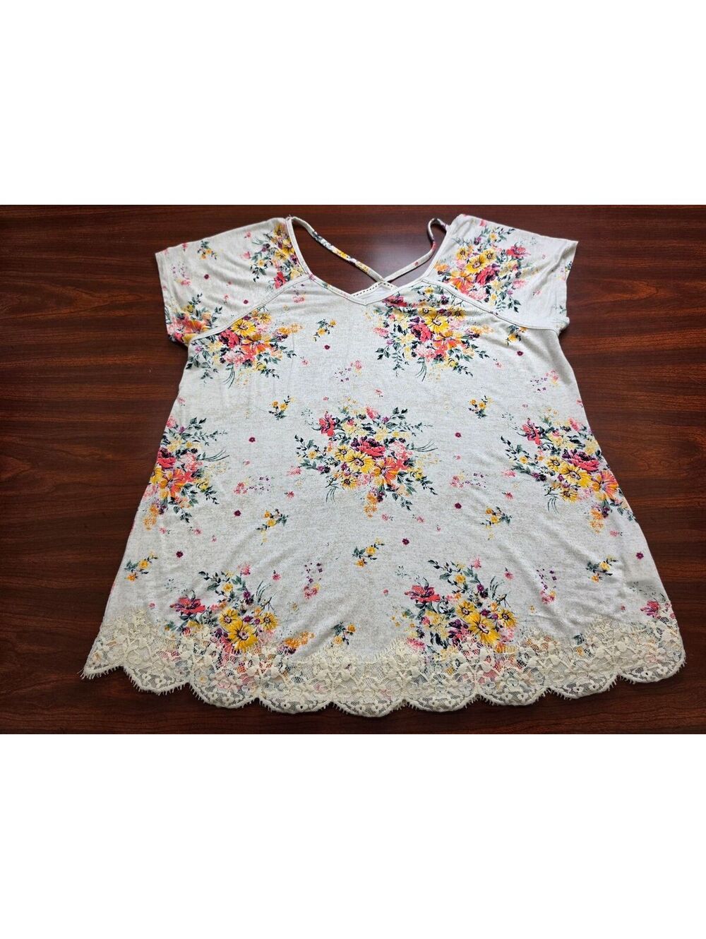 Jolt Top Large Beige Floral Lace Hem Strappy Back Short Sleeve Boho Soft Blouse